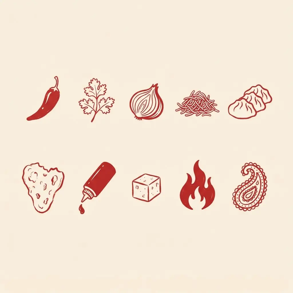 Red line-art illustrations of chili, cilantro, onion, sev, momos, naan, sauce bottle, paneer, flame, and paisley