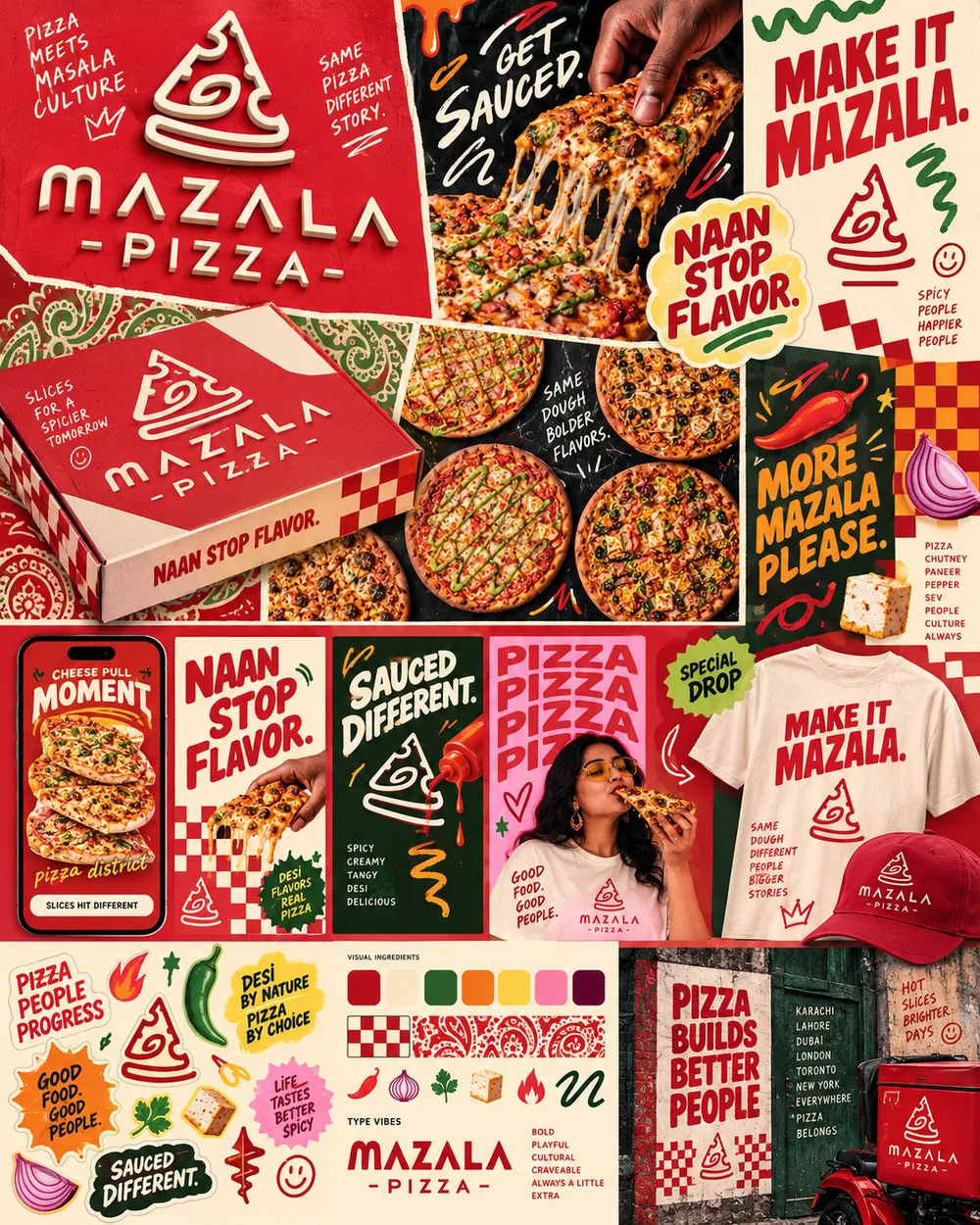 Direction moodboard of posters, packaging, stickers, and merch using the short voice lines