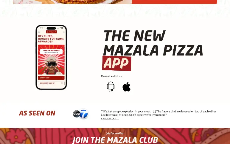 Live homepage app section showing a phone mockup still branded MASALA