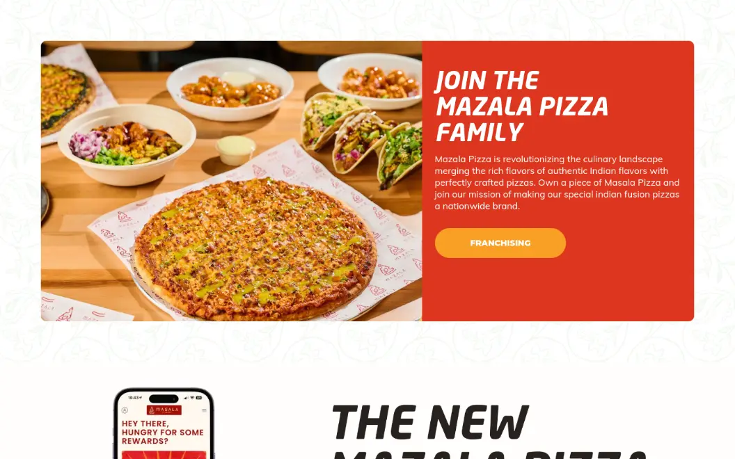 Live homepage franchise block reading Mazala Pizza is revolutionizing the culinary landscape