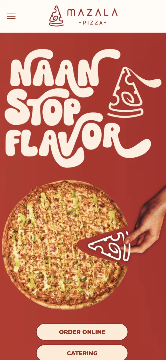 Live mazalapizza.com homepage on a phone: Naan Stop Flavor lettering and a pizza fill the first screen, with Order Online at the bottom