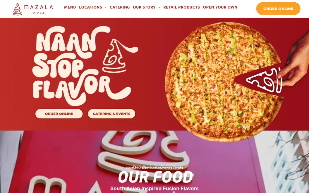 Live Mazala homepage hero with Naan Stop Flavor lettering and orange Order Online button