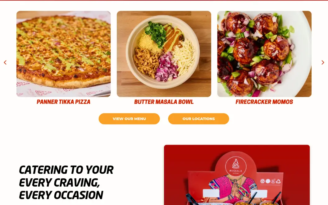 Live homepage featured menu row with the item name PANNER TIKKA PIZZA and orange pill buttons