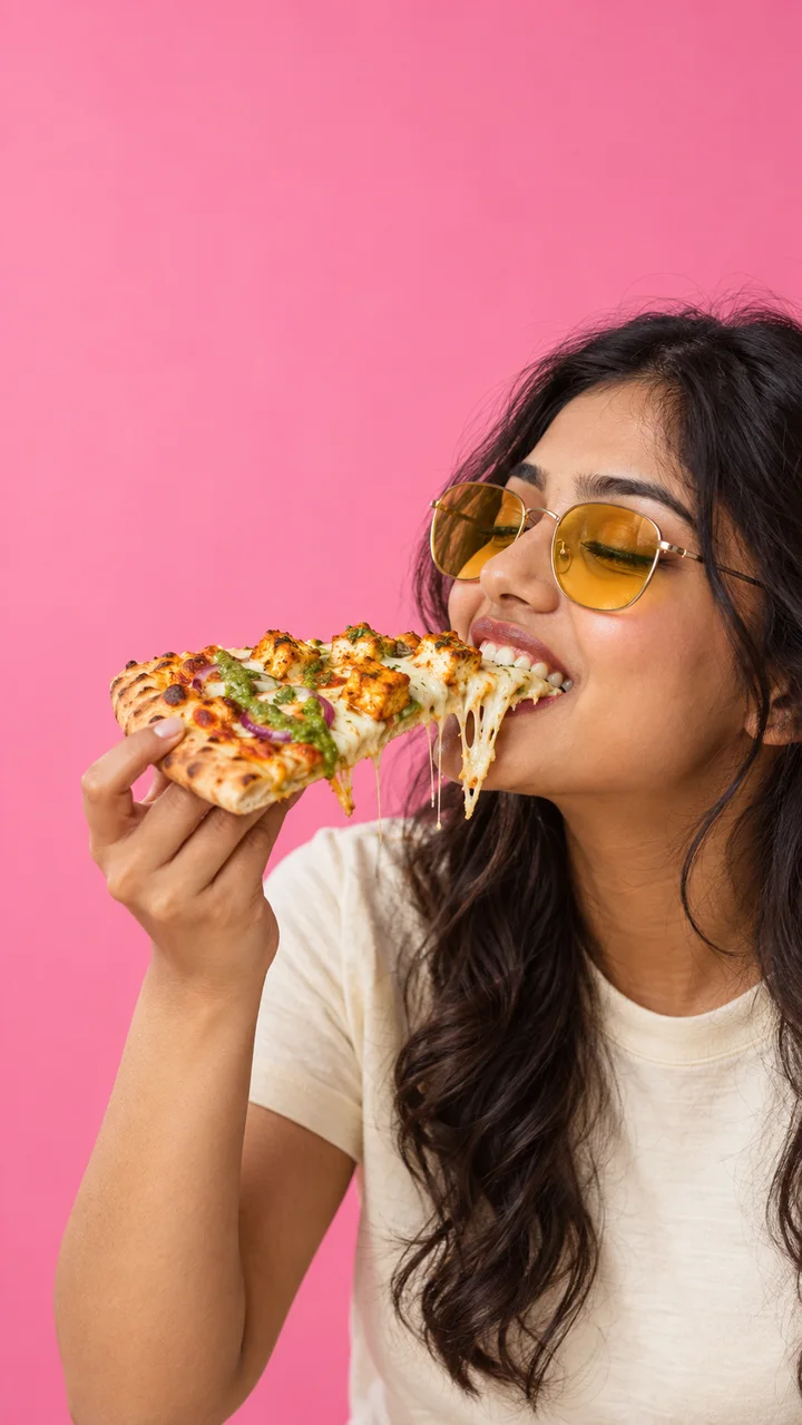 A woman in yellow sunglasses biting a paneer tikka slice with a cheese pull