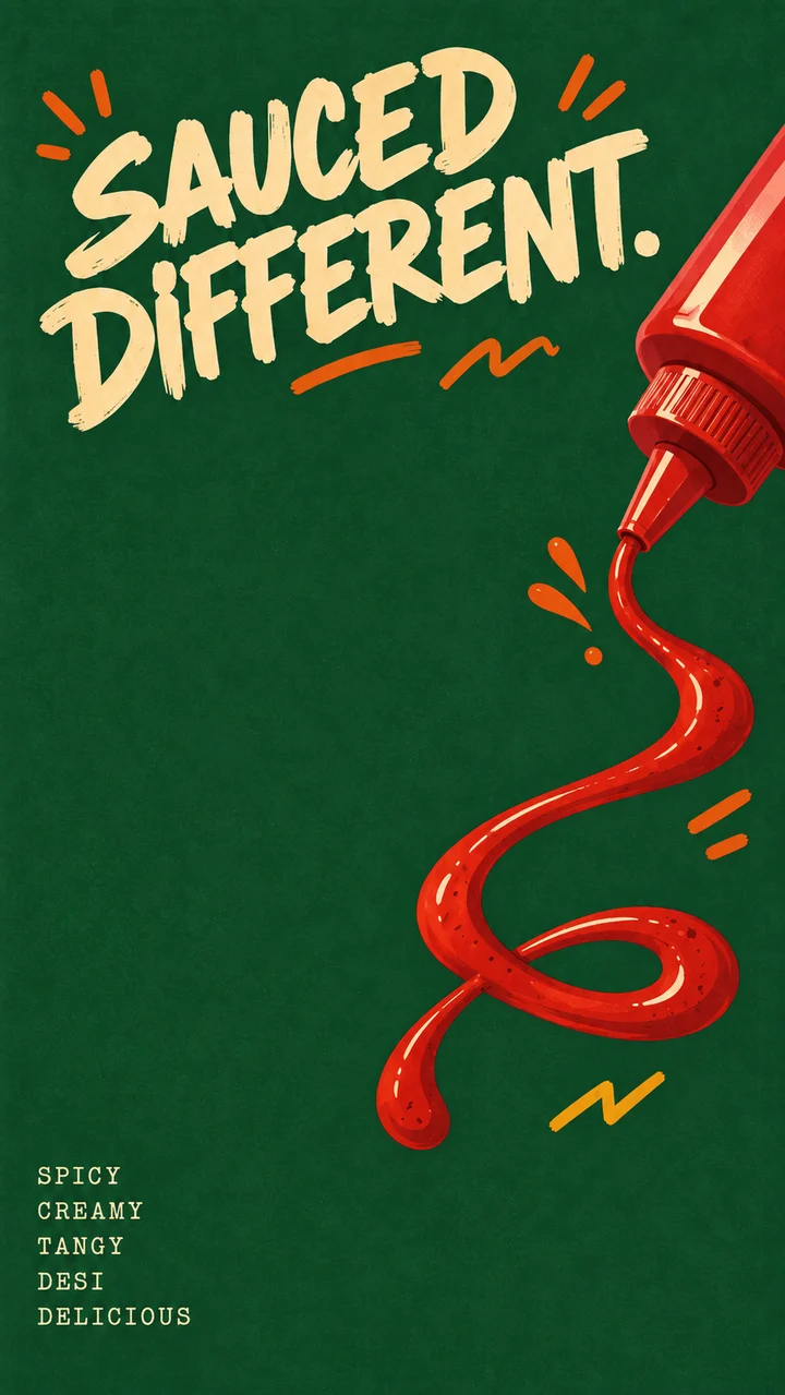 Sauced Different poster: cream brush lettering on green with a red sauce bottle drizzling a loop